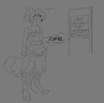 anthro big_ears breasts cleavage clothed clothing door female fur hair jumpsuit long_fall_boots ponytail portal_gun shirt sign simple_background sleeves_past_wrists smile solo tank_top text tied_shirt topwear white_background sketchytoasty portal_(series) valve chell chell_(fursona) canid canine canis fennec_fox fox mammal true_fox 2022 absurd_res black_and_white comic digital_media_(artwork) english_text hi_res monochrome sketch