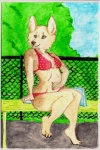 anthro bikini book clothed clothing female green_eyes outside polka_dots skimpy sky solo swimwear two-piece_swimsuit ebba canid canine canis domestic_dog herding_dog mammal pastoral_dog welsh_corgi