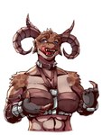 5_fingers abs anthro armor big_breasts blue_eyes breasts brown_body brown_scales claws clothed clothing collar eyebrows facial_scar fangs female fingers forked_tongue gesture hand_gesture hand_on_breast horn licking looking_at_another multicolored_body muscular muscular_anthro muscular_female non-mammal_breasts pointing pointing_at_self raised_eyebrow scales scar sharp_teeth simple_background solo spikes teeth tongue tongue_out two_tone_body white_background krocoart_116 dungeons_and_dragons hasbro wizards_of_the_coast dragonborn_(dnd) scalie 2024 digital_media_(artwork) half-length_portrait hi_res mixed_media portrait shaded traditional_media_(artwork)