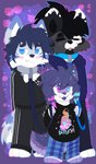 >:3 alternative_fashion ambiguous_gender anthro black_bottomwear black_clothing black_hair black_nose black_pants black_shirt black_topwear blep blue_body blue_bottomwear blue_clothing blue_collar blue_eyes blue_fur blue_hoodie blue_inner_ear blue_leash blue_pants blue_text blue_topwear blush blush_lines bottomwear chibi clothed clothing collar coontail_hair disinterested embarrassed eyes_closed fur graphic_tee grey_body grey_collar grey_fur group hair heterochromia holding_leash holding_object hoodie leash male pajamas pants pattern_bottomwear pattern_clothing pattern_pants pink_blush pink_eyes pink_inner_ear pink_tongue plaid plaid_bottomwear plaid_clothing plaid_pants polyamory purple_background purple_body purple_fur purple_hair purple_nose purple_tongue scene_(fashion) scene_haircut shirt simple_background size_difference star_eyes tail text text_on_clothing text_on_shirt text_on_topwear tongue tongue_out topwear tracksuit trio white_body white_fur white_inner_ear white_text conditional_dnp ikitsunyan firelight's_respite_(ikitsunyan) flynn_(ihakurou) hibiki_nyatani_(ikitsunyan) mika_(isabretoof) african_wild_dog canid canine canis domestic_dog fox hybrid mammal wolf digital_drawing_(artwork) digital_media_(artwork) english_text flat_colors handwritten_text hi_res signature nonbinary_(lore)