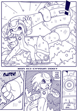 :< anthro armor attack collar dialogue duo exclamation_point facial_markings fight forehead_markings frown head_markings imminent_attack line_art_only machine male markings onomatopoeia open_mouth profanity punch sound_effects teeth text cyyeun xen_(series) switch_(xen) robot robot_anthro 2007 artist_name blue_and_white comic dated english_text monochrome