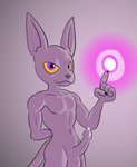 anthro balls bodily_fluids energy_ball erection foreskin genital_fluids genitals looking_at_viewer male nude penis precum purple_body purple_skin solo tight_foreskin darkajugin dragon_ball dragon_ball_heroes shandy domestic_cat felid feline felis mammal hi_res