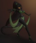 anthro belly_dancer belly_dancer_outfit big_breasts breasts clothing dancing female footwear glowing glowing_eyes high_heels long_legs machine seductive shoes sinister solo villainous xyotic chaos_croc lizard reptile robot scalie hi_res