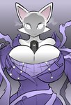 anthro big_breasts breasts cleavage clothed clothing dress female huge_breasts looking_at_viewer simple_background solo white_eyes hayakain ghostbusters kitty_(hayakain) domestic_cat felid feline felis ghost mammal spirit hi_res