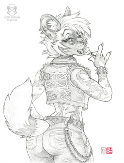 5_fingers anthro belt biped bottomwear butt candy claws clothed clothed_anthro clothed_female clothing dessert ear_piercing eyebrow_piercing eyewear facial_piercing female finger_claws fingers food fully_clothed fully_clothed_anthro fully_clothed_female fur furgonomic_bottomwear furgonomics glasses hair holding_candy holding_food holding_lollipop holding_object inner_ear_fluff lollipop midriff open_mouth pants piercing rear_view safety_pin safety_pin_in_ear simple_background solo tail teeth tongue topwear tuft kacey african_wild_dog canid canine mammal 2025 hi_res traditional_media_(artwork)