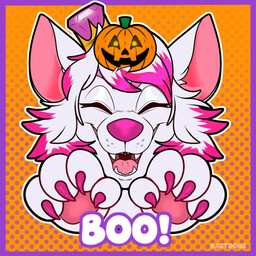 4_fingers anthro black_hands border claws crown dialogue dotted_background exclamation_point eyebrows eyes_closed fangs finger_claws fingers fur hair hand_pawpads headgear holidays jack-o'-lantern light male male_anthro multicolored_hair object_on_head open_mouth open_smile orange_background outline pattern_background pawpads pink_eyebrows pink_hair pink_inner_ear pink_nose pink_pawpads pink_tongue purple_border red_claws short_hair simple_background smile solo teeth text tongue two_tone_hair uvula whisker_spots white_body white_fur white_hair white_outline ractoons halloween canid canine mammal 1:1 2025 artist_name bust_portrait colored digital_drawing_(artwork) digital_media_(artwork) english_description hi_res lighting portrait