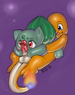 3_toes 69_position ambiguous_gender bald balls blue_eyes bodily_fluids drooling duo erection feet fellatio feral feral_on_feral fire flaming_tail genitals glans glistening glistening_body glistening_skin green_body green_ears green_skin humanoid_genitalia humanoid_genitalia_on_feral humanoid_penis humanoid_penis_on_feral interspecies licking looking_at_another looking_at_genitalia looking_at_partner looking_at_penis lying male male/ambiguous multicolored_tail nude on_back oral orange_body orange_skin orange_tail penile penis penis_in_face pink_tongue plant purple_background purple_eyes quadruped red_eyes red_penis saliva sex simple_background sweat tail toes tongue tongue_out two_tone_tail white_balls white_tail year young raniko nintendo pokemon bulbasaur charmander elemental_creature flora_fauna generation_1_pokemon pokemon_(species) reptile scalie 2007 signature