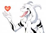 anthro big_tongue black_sclera bodily_fluids fur heart_symbol horn long_ears long_tongue male markings saliva solo tongue tongue_fetish tongue_out white_body white_fur lewdtale undertale undertale_(series) asriel_dreemurr_(god_form) boss_monster_(undertale) bovid caprine mammal 2017