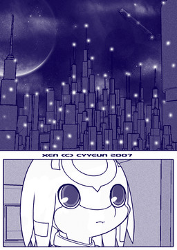 anthro building city cityscape detailed_background dialogue facial_markings forehead_markings head_markings machine male markings moon mouth_closed night sky solo text cyyeun xen_(series) switch_(xen) robot robot_anthro 2007 artist_name blue_and_white blue_monochrome comic dated english_text monochrome