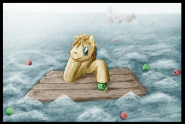 apple black_border blue_eyes border detailed_background food fruit male outside plant sea seascape sky solo water unknown_artist hasbro my_little_pony equid equine horse mammal pony digital_media_(artwork) source_request