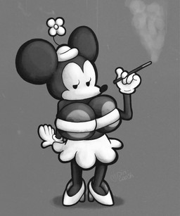 alternative_fashion anthro areola big_areola big_breasts bottomwear breasts cartoon_gloves cigarette cigarette_holder clothing eyelashes female flapper flower_accessory footwear gloves grey_background half-closed_eyes handwear high_heels holding_cigarette holding_object huge_areola huge_breasts narrowed_eyes shoes simple_background skirt smoke smoking smoking_cigarette solo toony topwear tube_top wearing_hat pincoosh disney minnie_mouse mammal mouse murid murine rodent digital_media_(artwork) film_grain greyscale hi_res monochrome signature