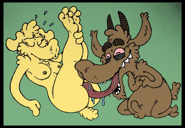 anthro balls black_border bodily_fluids border breasts brown_balls brown_body brown_fur brown_penis butt chest_tuft cunnilingus drooling duo erection eyes_closed feet female fur genitals green_background horn looking_pleasured male male/female nipples nude open_mouth oral penis red_eyes saliva sex simple_background sweat teeth tongue tuft vaginal yellow_body yellow_fur immortalrooster bovid caprine demon goat mammal unknown_species source_request unavailable_at_source