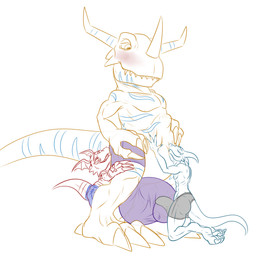 adoring aroused balls belly belly_rub big_balls big_bulge big_penis big_tail blush bottomwear bulge butt clothing detailed_bulge erection flirting genitals group huge_balls huge_penis hyper hyper_balls hyper_genitalia hyper_penis licking male paws penis rubbing_butt rubbing_leg shorts tail teasing tenting thick_tail tight_bottomwear tight_bulges tight_clothing tight_shorts tight_underwear tongue trio worship conditional_dnp samagthrav2 bandai_namco digimon digimon_(species) flamedramon greymon guilmon 1:1 absurd_res hi_res