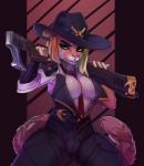 5_fingers anthro anthrofied clothed clothing eyebrows eyelashes female fingers gun heterochromia holding_gun holding_object holding_ranged_weapon holding_weapon ranged_weapon solo weapon miloff blizzard_entertainment ashe_(overwatch) enreeu felid feline leopardus mammal ocelot 2018 digital_media_(artwork) hi_res