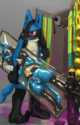 animal_genitalia animal_penis anthro bdsm black_body black_fur blue_body blue_fur canine_genitalia canine_penis chest_spike dominant dominant_anthro dominant_male duo fur genitals male penis red_eyes sex_toy sheath slim_anthro slim_dom slim_male slim_sub spikes spikes_(anatomy) submissive submissive_anthro submissive_male urethral vacuum_bed vibrator k_7sb nintendo pokemon generation_4_pokemon lucario pokemon_(species) 2022 hi_res