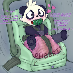 3_toes ambiguous_gender anthro black_body black_ears black_fur black_nose blush blush_stickers bound car car_seat clothed clothing dialogue diaper diaper_only diaper_squish feces feet fur green_pacifier hand_on_diaper heart_eyes heart_symbol inside_car inside_vehicle leg_markings lock_symbol looking_pleasured markings neonate object_in_mouth open_mouth open_smile pacifier pacifier_in_mouth pooping sitting smile snaggle_tooth socks_(marking) soiled_diaper soiling soiling_diaper solo sound_effects straps text toes topless touching_diaper unclean_diaper used_diaper vehicle vowelless vowelless_sound_effect wearing_diaper white_body white_fur young young_anthro ludis-luteo nintendo pokemon generation_6_pokemon pancham pokemon_(species) 1:1 2016 artist_name english_text hi_res