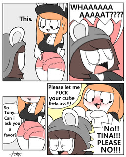 anthro beanie black_clothing black_hat black_headwear black_shirt black_topwear blush blush_lines bodily_fluids bottomwear breasts brown_hair bulge chasing cleavage clothed clothing dialogue duo eyelashes fake_bulge grey_beanie grey_clothing grey_hat grey_headwear gynomorph hair hat headgear headwear intersex male open_mouth orange_hair pink_bottomwear pink_clothing pink_shorts ponytail shirt short_tail shorts speech_bubble surprised sweat tail text topwear tonytoran tina_(tonytoran) tony_(tonytoran) chinchilla chinchillid lagomorph leporid mammal rabbit rodent 4:5 comic english_text hi_res female_(lore)