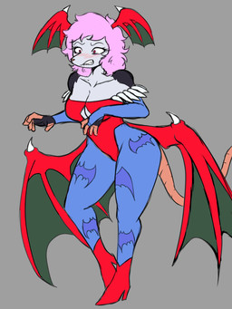 anthro bare_shoulders big_breasts bite biting_lip blush boots breasts cleavage clenched_teeth clothed clothing cosplay eyebrows eyelashes female footwear grey_background hair high_heeled_boots high_heels legwear leotard long_hair membrane_(anatomy) membranous_wings pantyhose pink_hair red_eyes shoes simple_background solo standing strapless_clothing strapless_leotard teeth wings omegamax capcom darkstalkers lilith_aensland nuvia_(omegamax) american_opossum mammal marsupial 2025 3:4 hi_res