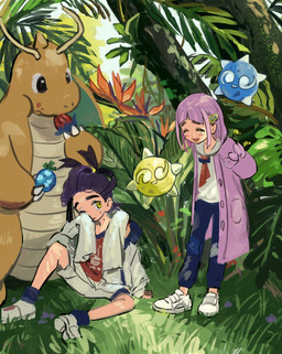 ambiguous_gender antennae_(anatomy) anthro black_eyes blue_body blush blush_lines bottomwear claws clothing eating eyes_closed female food footwear forest fruit grass group hair holding_food holding_object horn jungle male occa_berry one_eye_closed open_mouth orange_body pink_hair plant pokemon_berry purple_hair shoes shorts sitting tree yache_berry yellow_body yellow_eyes oitann mythology nintendo pokemon kieran_(pokemon) lacey_(pokemon) dragon dragonite generation_1_pokemon generation_7_pokemon human indigo_core_minior mammal minior minior_(core_form) mythological_creature mythological_scalie pokemon_(species) scalie yellow_core_minior 2025 hi_res