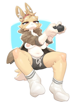 anthro bottomwear clothed clothing controller female footwear game_controller red_eyes sitting socks solo spread_legs spreading topless choecoga humanoid lagomorph mammal absurd_res hi_res