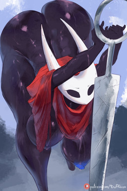 ass_up big_breasts black_body black_eyes blue_nipples bottomless bottomless_female breasts cloak clothed clothing female front_view hanging_breasts horn huge_breasts nipples red_clothing simple_background solo text thick_thighs weapon white_body duffmox hollow_knight_(franchise) team_cherry hornet_(hollow_knight) arachnid arthropod humanoid spider absurd_res hi_res url