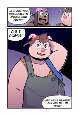 backpack backwards_baseball_cap backwards_hat baseball_cap brown_body brown_fur brown_hair clothing dialogue duo eye_contact floppy_ears front_view fur hair hand_behind_head hat headgear headwear long_ears looking_at_another looking_back male overalls pink_body pink_clothing pink_hat pink_headwear red_cap speech_bubble surprised text two_frame_image t0l0k octavio_(t0l0k) roy_(t0l0k) canid canine canis domestic_dog domestic_pig mammal suid suine sus_(pig) comic english_text hi_res multiple_scenes