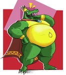 anthro belly big_belly cape clothing crown fangs gold_belly green_body green_scales headgear laugh looking_at_viewer male male_anthro open_mouth overweight overweight_anthro overweight_male pattern_background scales simple_background solo teeth cronolm donkey_kong_(series) nintendo king_k._rool crocodile crocodilian kremling reptile scalie absurd_res hi_res