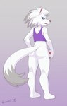 2019 absurd_res animal_crossing anthro barefoot blue_eyes bottomless butt canid canine canis clothed clothing crombie digital_media_(artwork) dipstick_tail fangs feet female fur grey_highlights hi_res highlights_(coloring) looking_back mammal markings multicolored_tail nintendo open_mouth plantigrade purple_clothing purple_shirt purple_tank_top purple_topwear shaded shirt signature solo tail tail_markings tank_top teeth toes topwear white_body white_fur whitney_(animal_crossing) wolf