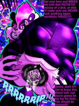 angry anthro anus backsack balls bodily_fluids bodily_fluids_in_ass bottomwear butt butt_focus clothing cross-popping_vein genitals hair in_heat long_tongue male nails pants pink_hair puffy_anus sharp_nails slimy_tongue solo squish substance_intoxication text tongue torn_bottomwear torn_clothing torn_pants yoga_pants coinslot_donni dante_(coinslot_donni) mammal mephitid skunk absurd_res hi_res