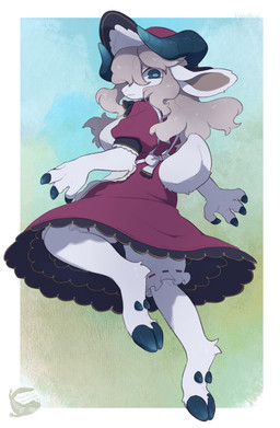 2_horns alternative_fashion anthro apron blonde_hair bloomers blue_eyes blue_hooves blue_horn bottomwear breasts classic_lolita clothing dress female fingers fur hair hooved_fingers hooves horn j-fashion logo lolita_(fashion) simple_background solo text white_bloomers white_body white_fur mochiri bovid caprine mammal 2025 absurd_res artist_logo artist_name cel_shading digital_drawing_(artwork) digital_media_(artwork) hi_res shaded
