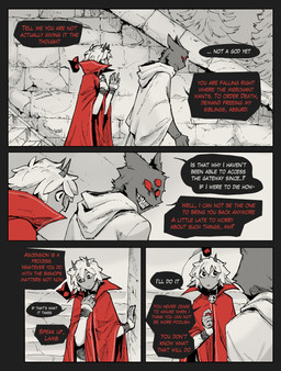 2_horns 3_eyes ambiguous_anthro ambiguous_gender anthro bell bell_collar collar dialogue duo horn male multi_eye red_eyes speech_bubble text aveloka cult_of_the_lamb massive_monster_(studio) lamb_(cult_of_the_lamb) narinder bovid caprine domestic_cat felid feline felis mammal sheep 2025 comic digital_drawing_(artwork) digital_media_(artwork) english_text hi_res
