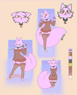 ahoge anthro big_tail biped brown_eyes clothing collar color_swatch female female_anthro front_view fur hair happy legwear looking_aside looking_at_viewer melee_weapon pink_body pink_fur simple_background solo standing sword tail thigh_highs weapon jimmich emma_(jimmich) domestic_cat felid feline felis mammal absurd_res hi_res model_sheet