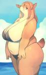 anthro big_breasts bikini black_bikini black_clothing black_nose black_swimwear blue_sky blush breasts chest_tuft clothed clothing cloud eyebrow_through_hair eyebrows female fur hair kemono looking_at_viewer navel outside overweight overweight_anthro overweight_female partially_submerged skimpy sky smile solo standing swimwear tan_body tan_fur translucent translucent_hair tuft two-piece_swimsuit water akitaka deer mammal portrait three-quarter_portrait