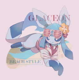 ambiguous_gender blue_body blue_ears blue_fur blue_tail clothed clothed_feral clothing eyewear feral flower_on_head fur holowear_(pokemon) paws shutter_shades smile solo tail text yuureii nintendo pokemon pokemon_unite beach_style_glaceon eeveelution generation_4_pokemon glaceon pokemon_(species) 2024 english_text hi_res