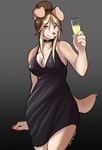 anthro black_clothing black_dress breasts brown_hair champagne_bottle champagne_glass chest_tuft choker cleavage clothed clothing cocktail_dress container cup dress drinking_glass female floppy_ears fully_clothed fur glass glass_container glass_cup hair hair_bun jewelry looking_at_viewer necklace solo tan_body tan_fur tuft mocha-wing canid canine canis domestic_dog mammal hi_res