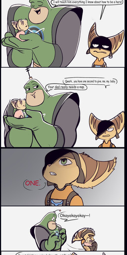 angry anthro bodily_fluids dialogue female fur green_eyes group male neonate sweat sweatdrop tail tail_tuft text thin_tail trio tuft yellow_body yellow_fur young time_fluffy500 ratchet_and_clank sony_corporation sony_interactive_entertainment alioth_(time_fluffy500) captain_qwark ratchet_(ratchet_and_clank) humanoid lombax mammal absurd_res comic english_text hi_res