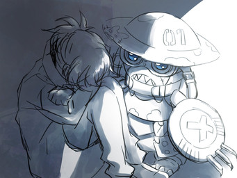 anthro armor bodily_fluids crying duo eyewear goggles headgear helmet male sharp_teeth sitting tears teeth ym205b bandai_namco digimon digimon_beatbreak granit_(digimon_beatbreak) digimon_(species) human ludomon mammal 4:3 hi_res