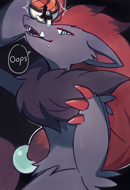 anthro black_background blue_eyes claws crushed_object fangs hair long_hair male nude open_mouth pokeball red_claws red_hair simple_background snout solo speech_bubble talking_to_viewer teeth text arnd_dawn nintendo pokemon generation_5_pokemon pokemon_(species) zoroark absurd_res colored digital_drawing_(artwork) digital_media_(artwork) english_text hi_res shaded