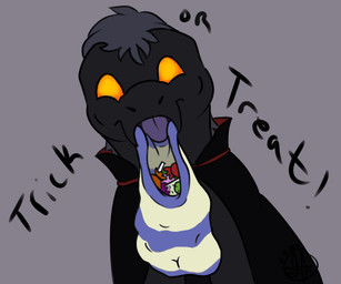 blep candy chibi clothing costume dessert food glowing glowing_eyes halloween_costume holidays solo tongue tongue_out trick-or-treating l46_r4t halloween unknown_species