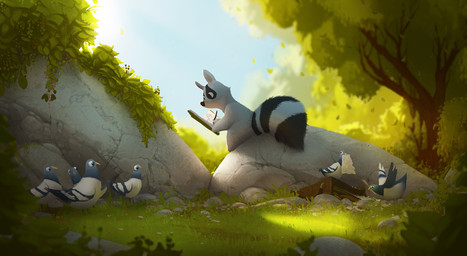 ambiguous_gender biped black_body black_eyes black_fur feathers feral fur grass green_body green_feathers green_leaves group plant rock tree white_body white_feathers white_fur writing_on_paper cody_gramstad avian bird columbid mammal pigeon procyonid raccoon 2021 hi_res