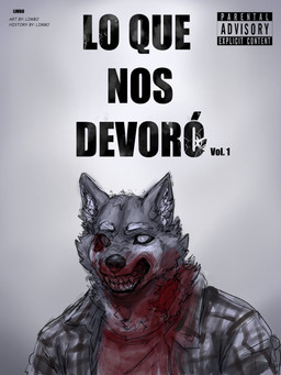 anthro blood bodily_fluids fur gore grey_body grey_fur lo_que_nos_devoro male solo text white_eyes limbo6_6 canid canine canis mammal 3:4 absurd_res cover cover_art cover_page english_text hi_res