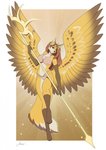 4_toes 5_fingers anthro biped brown_hair clothed clothing eyebrows feathered_wings feathers feet female fingers green_eyes hair halo melee_weapon polearm solo toes weapon wings amur angel canid canine fox mammal 2020 digital_media_(artwork) hi_res