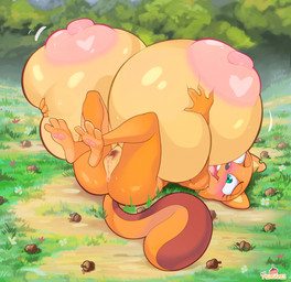 anthro anus areola big_breasts biped blush breasts butt eyelashes female genitals huge_breasts hyper hyper_breasts lying lying_on_ground nipples nude on_back on_ground open_mouth orange_body outside pubes pupils smile solo thick_thighs three-quarter_view vulva mewpan disney kiff_(series) kiff_chatterley eastern_grey_squirrel grey_squirrel mammal rodent sciurid tree_squirrel 2025 hi_res