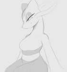 anthro biped breasts ears_up eyelashes eyeliner featureless_breasts female grey_background long_neck looking_aside makeup side_view simple_background sitting smile smirk solo whiskers arteficialtrees nintendo pokemon generation_5_pokemon mienshao pokemon_(species) hi_res monochrome sketch