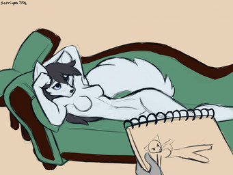 anthro artistic_pose biped breasts disembodied_hand drawing_(action) drawing_(object) duo featureless_breasts featureless_crotch female female_anthro fur furniture hair hand_behind_head indoor_nudity inside long_hair lying modelling mostly_offscreen_character nude nude_anthro nude_female on_side pose sketchbook sofa solo_focus tail tasteful_nudity text three-quarter_view white_body white_fur setriaphtfj draw_me_like_one_of_your_french_girls kailun_setra katie_knightfall_(character) canid canine canis mammal wolf artist_name digital_drawing_(artwork) digital_media_(artwork) english_text full-length_portrait handwritten_text hi_res meme portrait