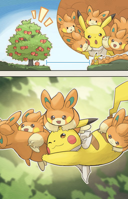 ;3 ambiguous_gender apple apple_tree brown_eyes emanata feral food fruit fruit_tree fur grass group one_eye_closed open_mouth orange_body orange_fur pawpads paws plant ravine smile tree yellow_body hakkentai_pkdn nintendo pokemon pokemon_mystery_dungeon spike_chunsoft generation_1_pokemon generation_9_pokemon pawmi pikachu pokemon_(species) 2026 absurd_res comic hi_res