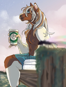 anthro blue_eyes clothing coffee_cup container cup fur lake male mane morning mottled mottled_body mottled_fur piebald piebald_body piebald_fur sitting_on_dock smile solo sunrise swimming_trunks swimwear towel water gorehound murphythehonse clydesdale draft_horse equid equine horse mammal hi_res