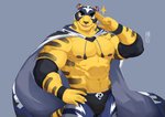 abs anthro cape clothing elbow_pads fur gesture legwear male mask muscular muscular_anthro muscular_male nipples pecs salute simple_background solo tights wristband ixkouu animal_crossing nintendo tybalt_(animal_crossing) felid mammal pantherine tiger 2020