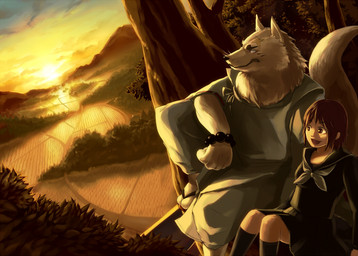 anthro asian_clothing clothing duo east_asian_clothing female fur japanese_clothing kariginu kimono male outside sky sunset tail white_body white_fur sky_gomi gingitsune gintaro canid canine fox human mammal