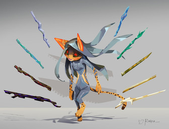 3_toes action_pose anthro arnis barefoot big_pupils clothing facial_markings feet female female_anthro floating_weapons fur glowing glowing_ears glowing_eyes glowing_markings green_eyes head_markings headdress long_tail looking_down markings pointy_ears pose pupils red_pupils simple_background skinsuit solo spots spotted_body spotted_fur striped_markings stripes tail text tight_clothing toes walking yellow_body yellow_fur ruffu pepper_in_the_sandbox pepper_(ruffu) felid feline mammal serval artist_name colored detailed digital_drawing_(artwork) digital_media_(artwork) shaded signature